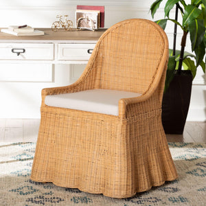 Baxton Studio bali Natural Rattan Accent Chair - Handwoven Coastal Boho Dining Chair with Scalloped Skirt & Cushion Maya-Light Honey Rattan-Cushion-CC