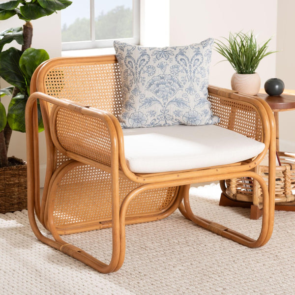 Baxton Studio bali Cambridge Natural Rattan Armchair - Handcrafted Coastal Lounge Chair with Removable Cushion Cambridge-Light Honey Rattan-CC