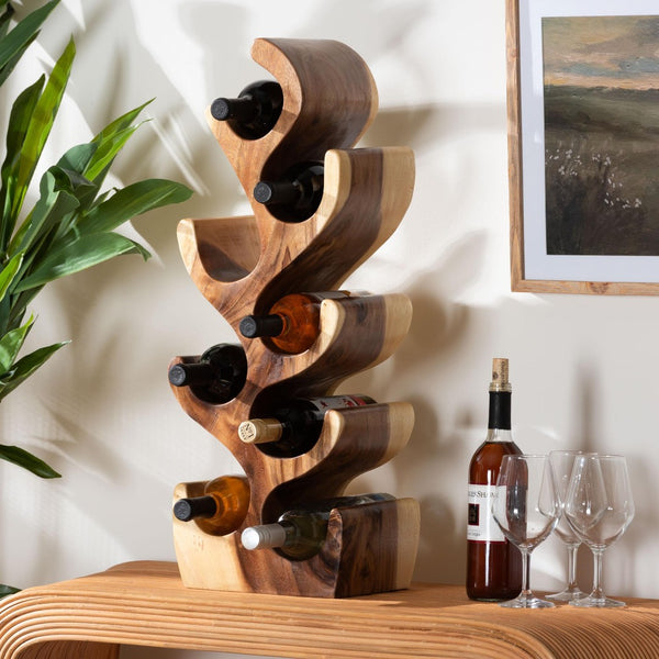 Baxton Studio bali Matana Suar Wood Wine Rack - 8-Bottle Rustic Wine Organizer with Tree Branch Design for Home Bar Suar WR 002-Natural/Wooden-Wine Rack