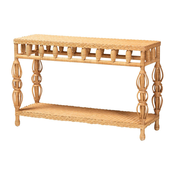 Baxton Studio bali & pari Handwoven Rattan Console Table - Coastal Boho Style with Openwork Design, Slim Profile Dolby-Light Honey/Rattan-Console Table