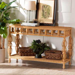 Baxton Studio bali & pari Handwoven Rattan Console Table - Coastal Boho Style with Openwork Design, Slim Profile Dolby-Light Honey/Rattan-Console Table