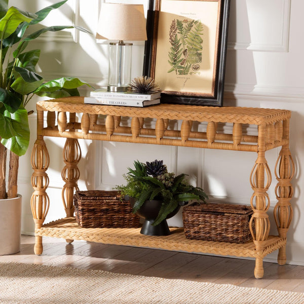 Baxton Studio bali & pari Handwoven Rattan Console Table - Coastal Boho Style with Openwork Design, Slim Profile Dolby-Light Honey/Rattan-Console Table