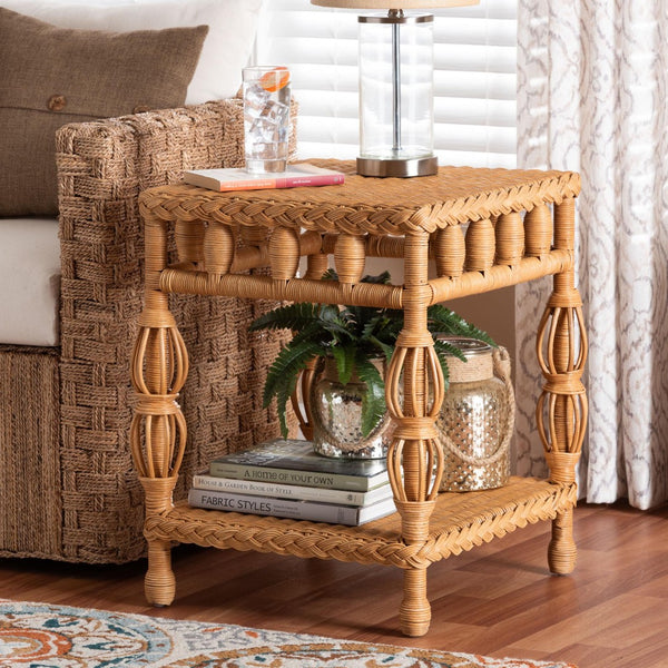 Baxton Studio bali Dolby Handwoven Rattan End Table - Coastal Boho Accent with Storage Shelf for Living Room Decor Dolby-Light Honey/Rattan-End Table