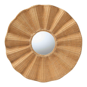 Baxton Studio bali Bali Palm Scalloped Rattan Wall Mirror - Handwoven Boho Accent for Entryway, Living Room Charm Palm-Light Honey/Metal-Mirror
