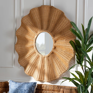 Baxton Studio bali Bali Palm Scalloped Rattan Wall Mirror - Handwoven Boho Accent for Entryway, Living Room Charm Palm-Light Honey/Metal-Mirror