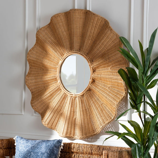 Baxton Studio bali Bali Palm Scalloped Rattan Wall Mirror - Handwoven Boho Accent for Entryway, Living Room Charm Palm-Light Honey/Metal-Mirror