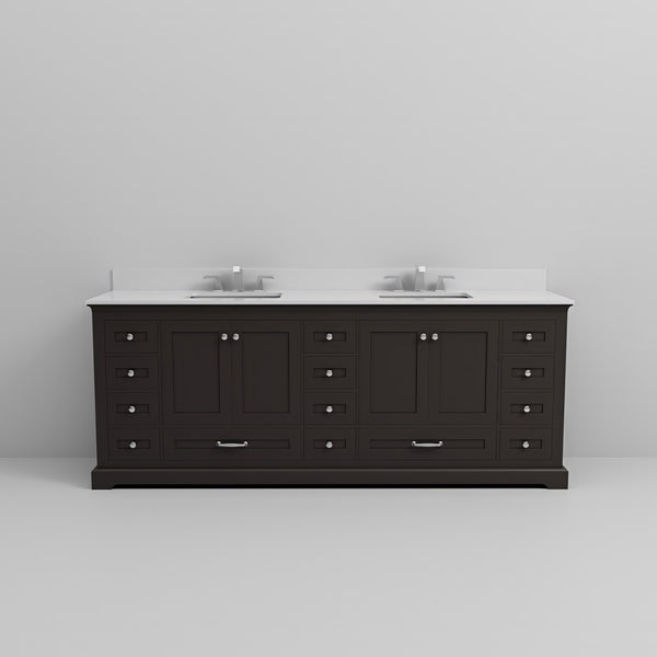 English Elm Espresso Double Bath Vanity 84" W x 22" D with White Quartz Top, 14 Drawers, Soft-Close, Faucet Set B2731P258439