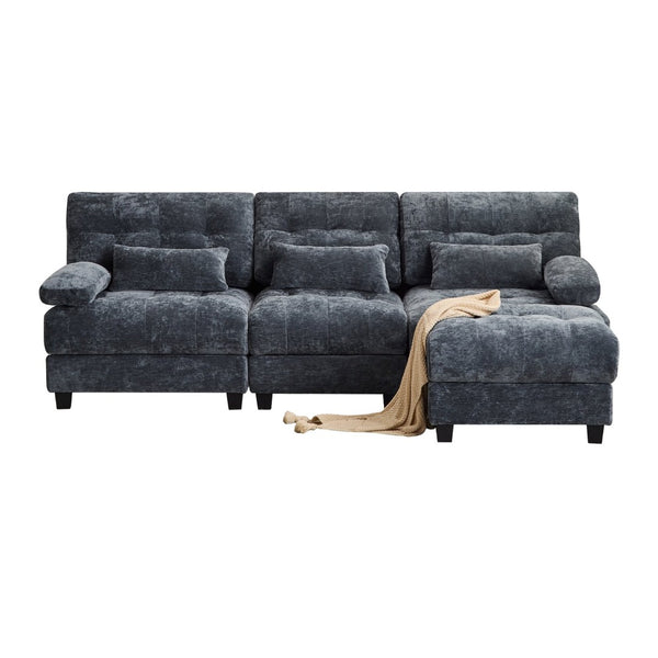 English Elm Ottoman and Chenille Sofa Set with Adjustable Backrest for Relaxed Living Room Comfort Blue W2606P359226