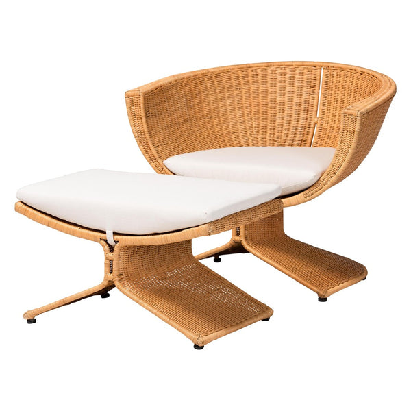 Baxton Studio bali Reya Handwoven Rattan 2-Piece Living Room Set - Modern Coastal Accent Chairs with Ottoman Palm Tulip-Light Honey/Rattan-2pc Chair/FS Set