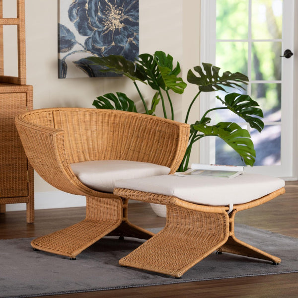 Baxton Studio bali Reya Handwoven Rattan 2-Piece Living Room Set - Modern Coastal Accent Chairs with Ottoman Palm Tulip-Light Honey/Rattan-2pc Chair/FS Set