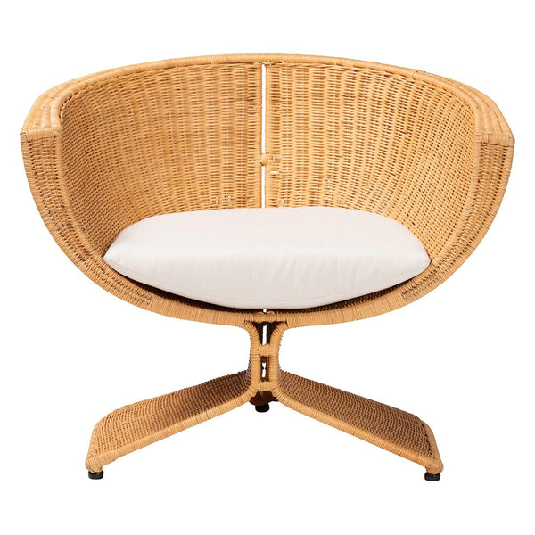 Baxton Studio bali Reya Handwoven Rattan Lounge Chair - Chic Coastal Accent Seating with Plush Cushion for Relaxation Palm Tulip-Light Honey/Rattan-Cushioned-AC
