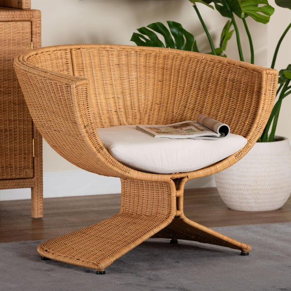 Baxton Studio bali Reya Handwoven Rattan Lounge Chair - Chic Coastal Accent Seating with Plush Cushion for Relaxation Palm Tulip-Light Honey/Rattan-Cushioned-AC