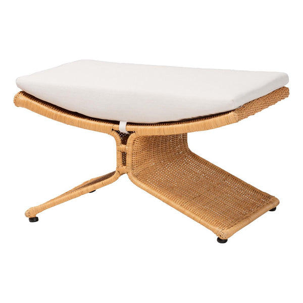 Baxton Studio bali Reya Natural Rattan Footstool - Handwoven Ottoman with Cushion for Boho & Coastal Living Spaces Palm-Light Honey/Rattan-Cushioned-Footstool