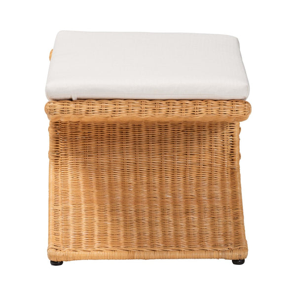 Baxton Studio bali Reya Natural Rattan Footstool - Handwoven Ottoman with Cushion for Boho & Coastal Living Spaces Palm-Light Honey/Rattan-Cushioned-Footstool