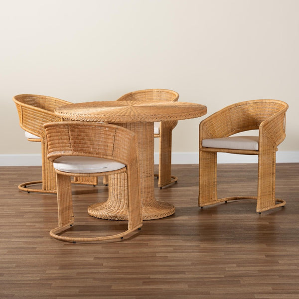 Baxton Studio bali Bali Akiko Bohemian 5-Piece Dining Set - Handcrafted Rattan Table & Chairs for Stylish Entertaining Akiko-Light Honey-5PC Dining Set