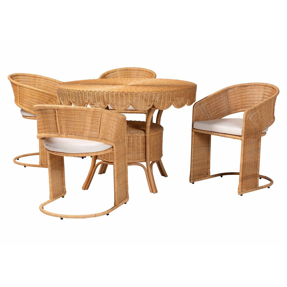 Baxton Studio bali Arisu Bohemian 5-Piece Dining Set - Handcrafted Light Honey Rattan with Cushions & Storage Arisu-Light Honey-5PC Dining Set
