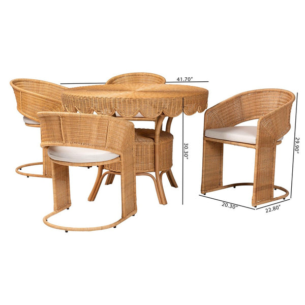 Baxton Studio bali Arisu Bohemian 5-Piece Dining Set - Handcrafted Light Honey Rattan with Cushions & Storage Arisu-Light Honey-5PC Dining Set