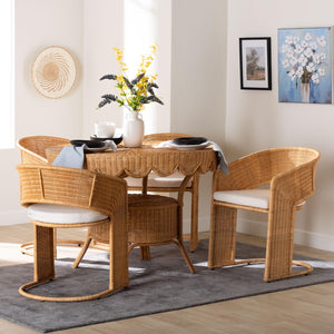 Baxton Studio bali Arisu Bohemian 5-Piece Dining Set - Handcrafted Light Honey Rattan with Cushions & Storage Arisu-Light Honey-5PC Dining Set