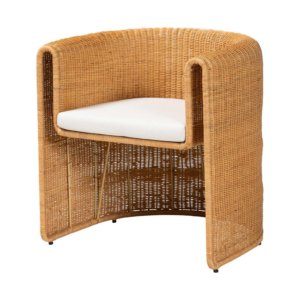 Baxton Studio bali Carina Rattan Barrel Dining Chair - Handwoven Coastal Accent with Removable Cushion & Comfort Palm-Light Honey/Rattan-Cushioned-Barrel-DC