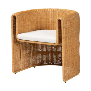 Baxton Studio bali Amaya 5-Piece Handwoven Rattan Dining Set - Coastal Round Table & 4 Barrel Chairs with Cushions Amaya-Light Honey-5PC Dining Set