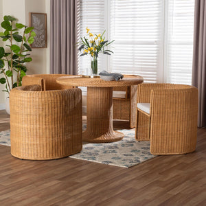 Baxton Studio bali Amaya 5-Piece Handwoven Rattan Dining Set - Coastal Round Table & 4 Barrel Chairs with Cushions Amaya-Light Honey-5PC Dining Set
