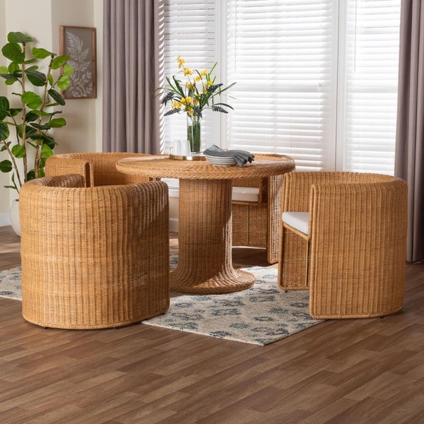 Baxton Studio bali Amaya 5-Piece Handwoven Rattan Dining Set - Coastal Round Table & 4 Barrel Chairs with Cushions Amaya-Light Honey-5PC Dining Set