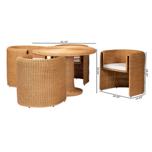 Baxton Studio bali Amaya 5-Piece Handwoven Rattan Dining Set - Coastal Round Table & 4 Barrel Chairs with Cushions Amaya-Light Honey-5PC Dining Set