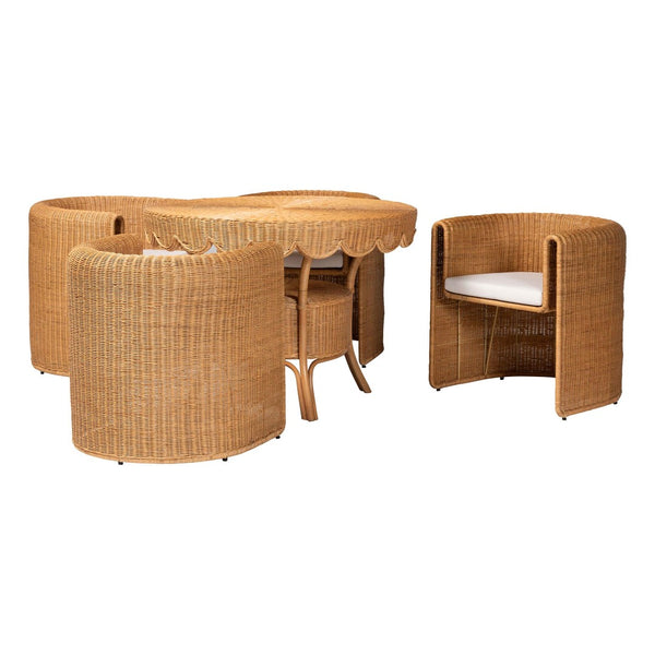 Baxton Studio bali Ayumi 5-Piece Handwoven Rattan Dining Set - Scalloped Table & Barrel Chairs for Coastal Charm Ayumi-Light Honey-5PC Dining Set