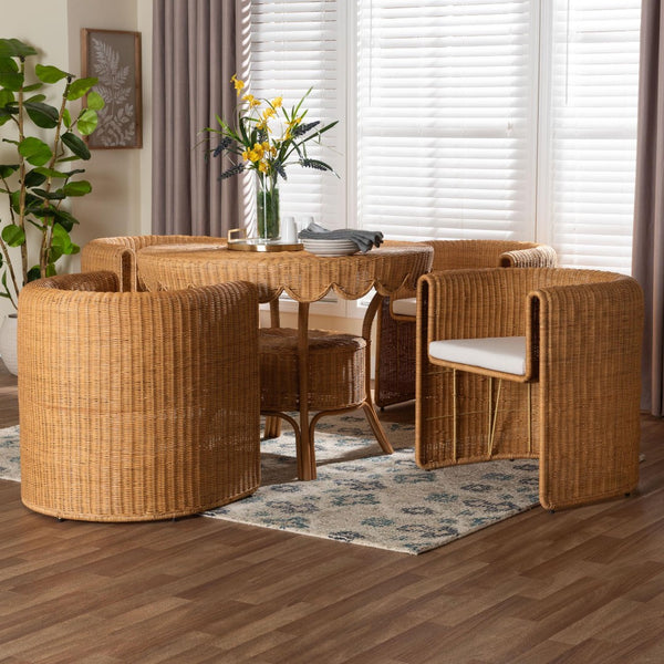 Baxton Studio bali Ayumi 5-Piece Handwoven Rattan Dining Set - Scalloped Table & Barrel Chairs for Coastal Charm Ayumi-Light Honey-5PC Dining Set