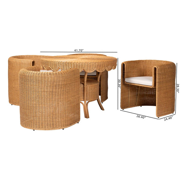Baxton Studio bali Ayumi 5-Piece Handwoven Rattan Dining Set - Scalloped Table & Barrel Chairs for Coastal Charm Ayumi-Light Honey-5PC Dining Set