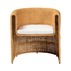 Baxton Studio bali Carina Rattan Barrel Dining Chair - Handwoven Coastal Accent with Removable Cushion & Comfort Palm-Light Honey/Rattan-Cushioned-Barrel-DC