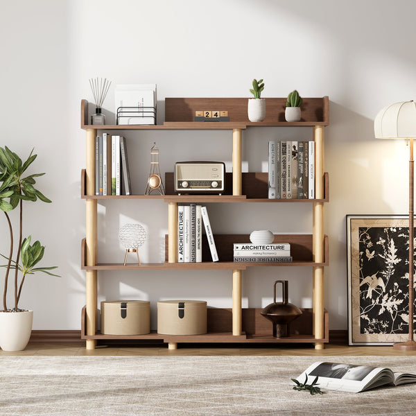 English Elm 4 Tier Retractable Rotatable Corner Bookcase – Walnut Wooden 4-Shelf Space-Saving Rack, Durable MDF & Solid Wood W1801P195686