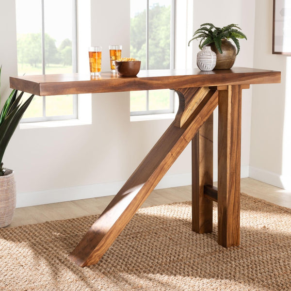 Baxton Studio bali Luli Suar Wood Bar Table - Handcrafted Solid Wood Console with Tripod Base for Modern Spaces Luli-Natural/Wooden-Bar Table-Setup-Box