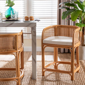 Baxton Studio bali Aria Natural Rattan Counter Stool with Backrest & Cushion - Boho-Chic Seating for Your Home Ania-Light Honey/Rattan-CS