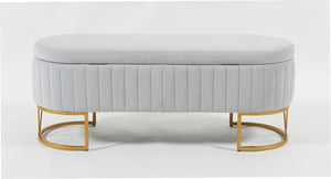 English Elm Oval Velvet Storage Bench with Metal Legs — Luxurious Upholstered Ottoman with Lift-Top Storage, 300lb Capacity, Modern Decorative Seating Gray T3903P372932