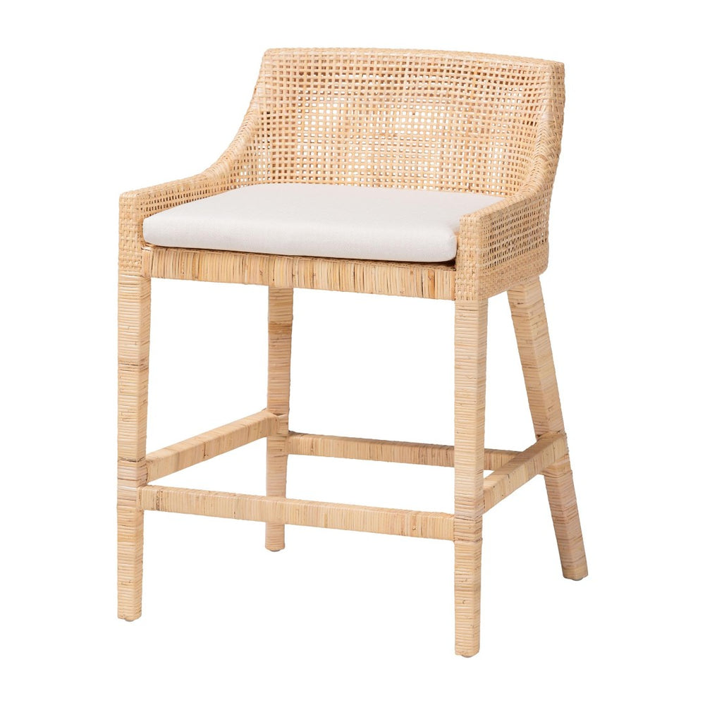 Baxton Studio bali Beata Natural Rattan Counter Stool - Handcrafted Wingback Chair with Cushion for Coastal Elegance Beata-Light Honey/Wooden-Cushioned-CS