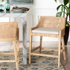 Baxton Studio bali Beata Natural Rattan Counter Stool - Handcrafted Wingback Chair with Cushion for Coastal Elegance Beata-Light Honey/Wooden-Cushioned-CS