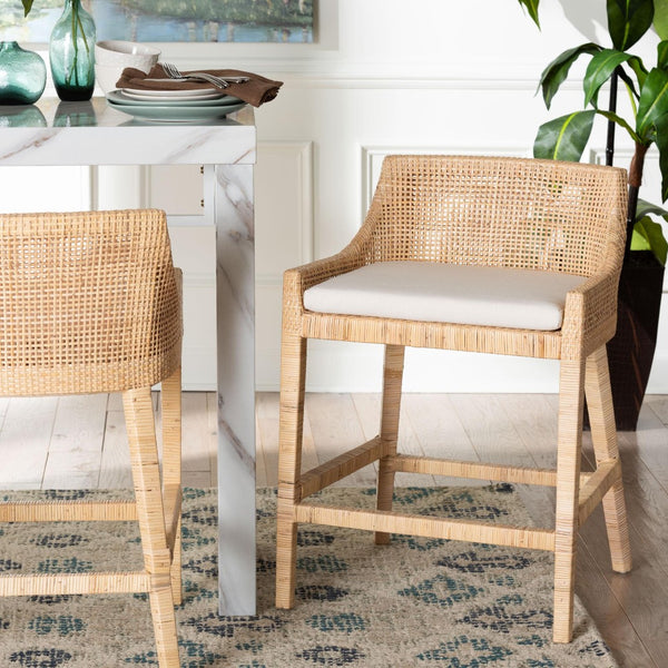 Baxton Studio bali Beata Natural Rattan Counter Stool - Handcrafted Wingback Chair with Cushion for Coastal Elegance Beata-Light Honey/Wooden-Cushioned-CS