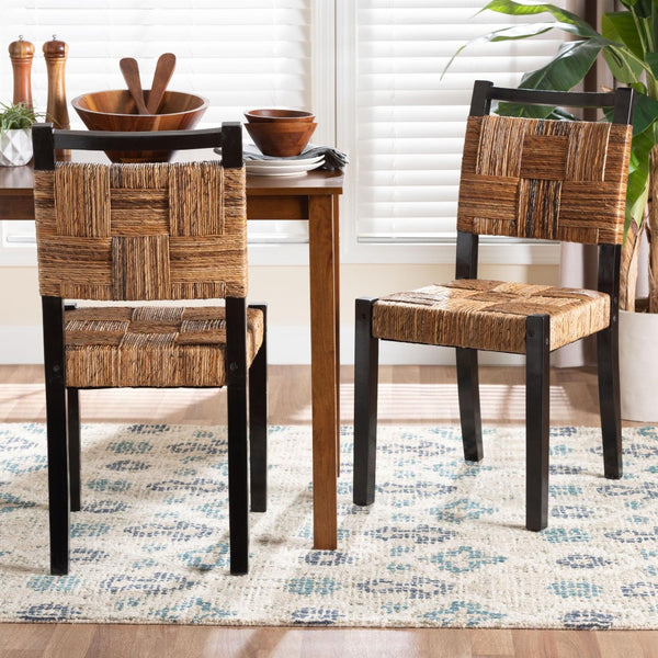 Baxton Studio bali Raniya Handwoven Seagrass Dining Chair Set of 2 - Rustic Boho Style with Solid Mango Wood Frame Cordoba-Type C-Black Wood/Natural Weave-DC-KD Box