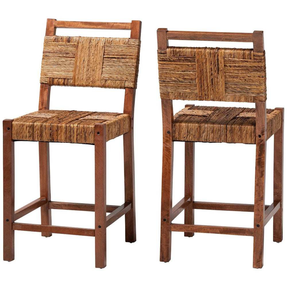 Baxton Studio bali Bali Chabela Seagrass Counter Stool Set of 2 - Handcrafted Mango Wood, Rustic Boho Kitchen Seating Luanda-Type B-Light Brown Wood/Natural Weave-CS-KD Box