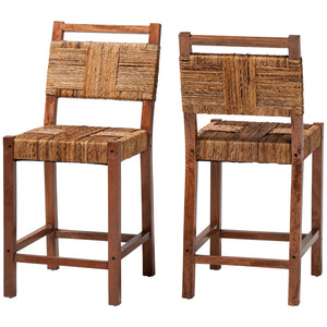 Baxton Studio bali Bali Chabela Seagrass Counter Stool Set of 2 - Handcrafted Mango Wood, Rustic Boho Kitchen Seating Luanda-Type B-Light Brown Wood/Natural Weave-CS-KD Box