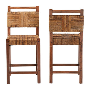 Baxton Studio bali Bali Chabela Seagrass Counter Stool Set of 2 - Handcrafted Mango Wood, Rustic Boho Kitchen Seating Luanda-Type B-Light Brown Wood/Natural Weave-CS-KD Box