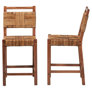 Baxton Studio bali Bali Chabela Seagrass Counter Stool Set of 2 - Handcrafted Mango Wood, Rustic Boho Kitchen Seating Luanda-Type B-Light Brown Wood/Natural Weave-CS-KD Box
