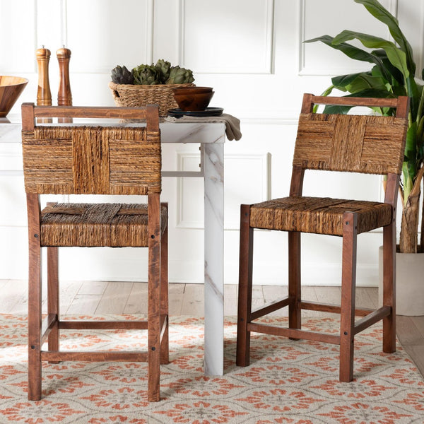 Baxton Studio bali Bali Chabela Seagrass Counter Stool Set of 2 - Handcrafted Mango Wood, Rustic Boho Kitchen Seating Luanda-Type B-Light Brown Wood/Natural Weave-CS-KD Box