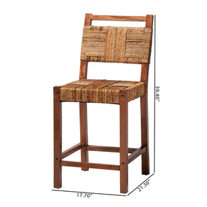 Baxton Studio bali Bali Chabela Seagrass Counter Stool Set of 2 - Handcrafted Mango Wood, Rustic Boho Kitchen Seating Luanda-Type B-Light Brown Wood/Natural Weave-CS-KD Box
