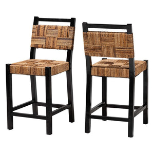 Baxton Studio bali Raniya Seagrass Counter Stool Set of 2 - Handcrafted Mango Wood, Rustic Boho Style for Kitchen Luanda-Type C-Black Wood/Natural-CS-KD Box