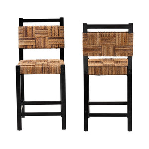 Baxton Studio bali Raniya Seagrass Counter Stool Set of 2 - Handcrafted Mango Wood, Rustic Boho Style for Kitchen Luanda-Type C-Black Wood/Natural-CS-KD Box