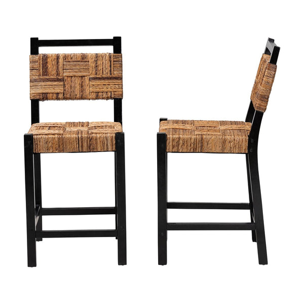 Baxton Studio bali Raniya Seagrass Counter Stool Set of 2 - Handcrafted Mango Wood, Rustic Boho Style for Kitchen Luanda-Type C-Black Wood/Natural-CS-KD Box