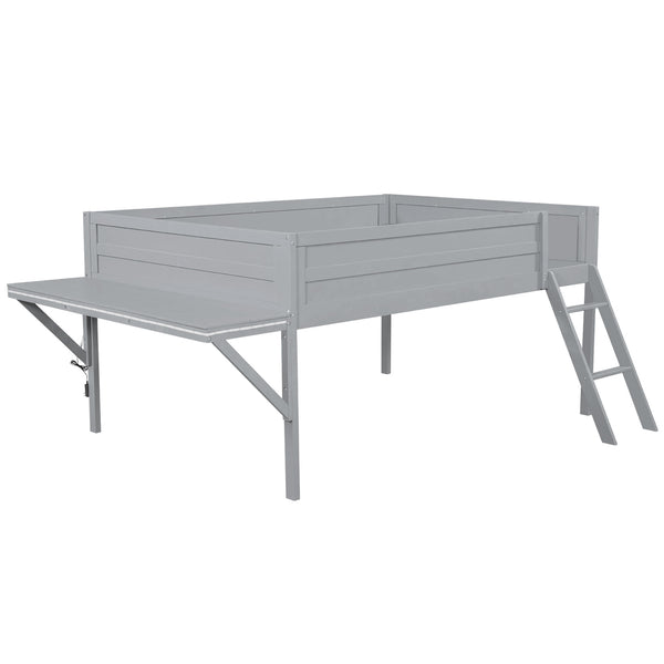 English Elm Wood Full Size Gaming Loft Bed with Desk, LED Lighting, Grey — Sturdy Pine Storage, 400lb Capacity, Space-Saving Design N709P236480E