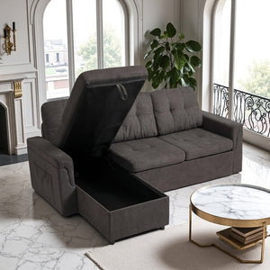 English Elm Upholstered L-Shaped Sleeper Sofa with Reversible Storage, Pull-Out Bed & Breathable Flannel Finish W3138S00001